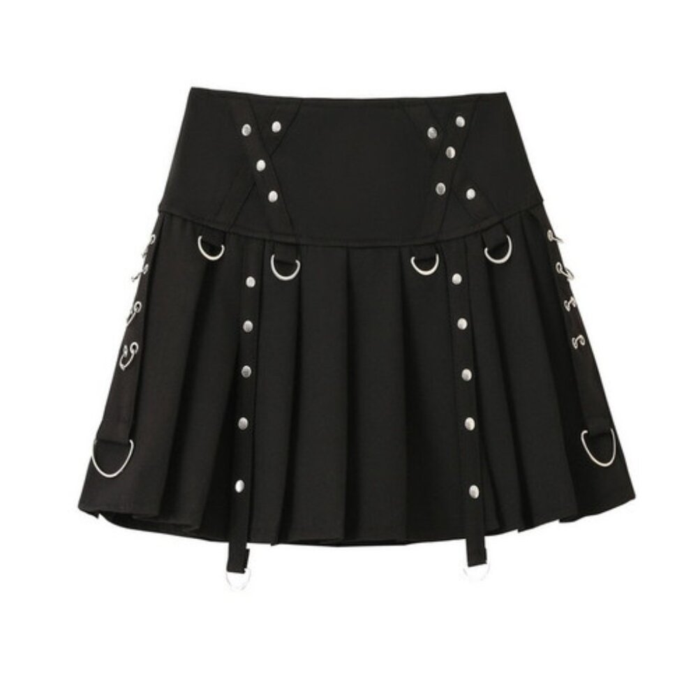 Women's Mini Pleated Skirt High Waist Rivets Punk Gothic Harajuku Club Rock Blac
